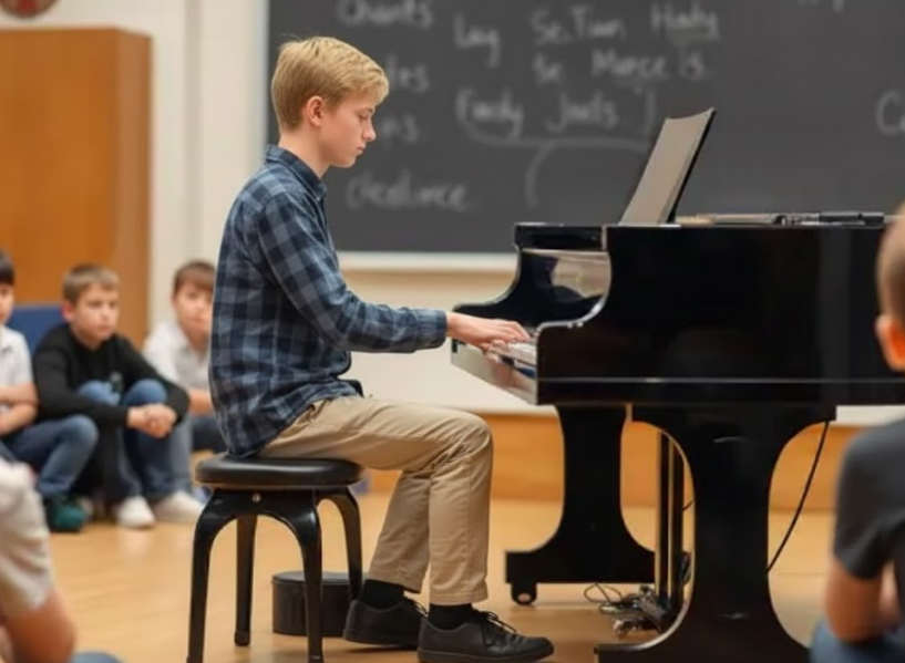 boy playing the piano in front of other piano students